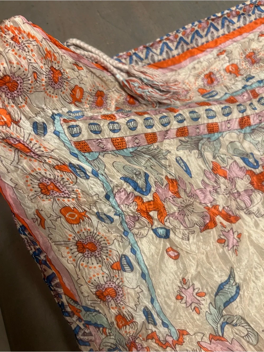 Johnny Was pre loved silk Bohemian 4 tassel scarf